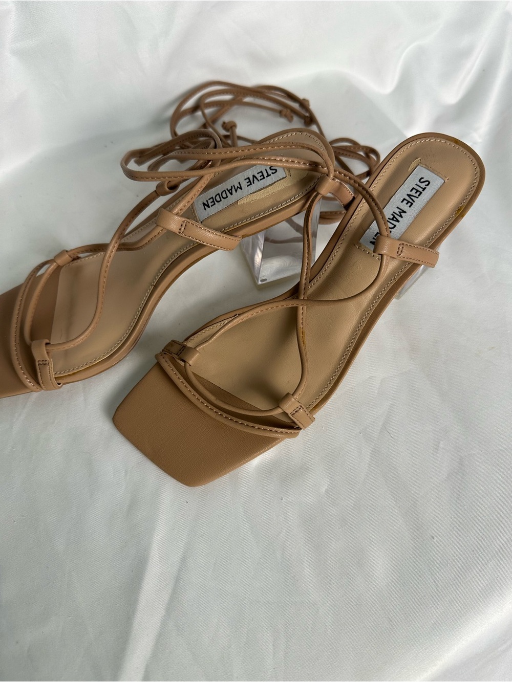 Steve Madden Lace Up Sandals Womens US 7 Nude Square Toe Flat Strappy Shoes